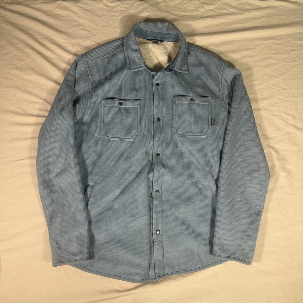Eddie Bauer Mens Sherpa Lined Waffle Knit Shirt Jacket Blue Large Snap Front
